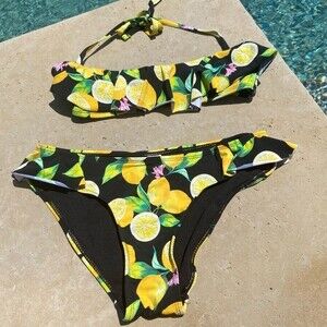 Women’s No Boundaries 2 Pc Bikini Bathing Suit W/Ruffle & Lemon Print Sz S(3-5)